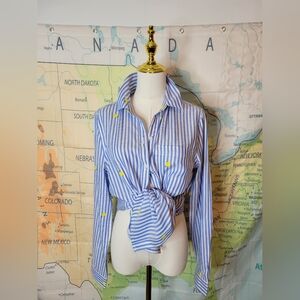 Beach Lunch Lounge Lemon Striped Blue and White Women's Top Size M